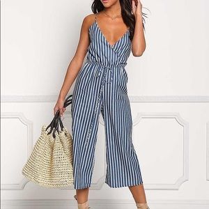 Blue and White Pin Stripe Crop Jumpsuit